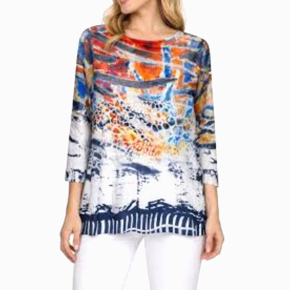 Ali Miles 2X Abstract Print Layered Top Mesh Yoke 3/4 Sleeve Blouse Rayon